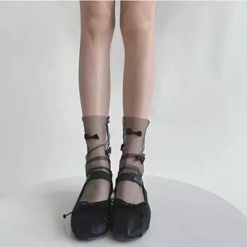 Женские носки летние ультратонкие прозрачные однотонные свободные длинные носки с милым бантом в стиле Лолиты, милые девушки, кавайные милые сетчатые кружевные носки