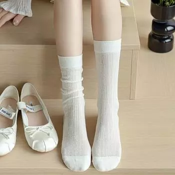 Женские носки Лолита, милые носки средней длины для девочек, тонкие дышащие однотонные черные, белые, серые свободные длинные носки из сетки 1Pair бежевый