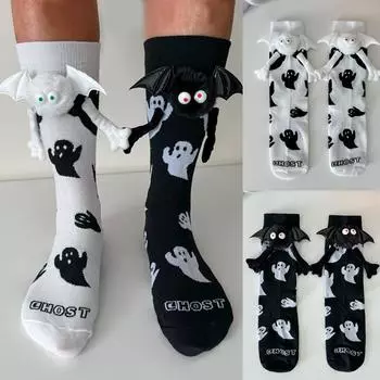 Женские носки на Хэллоуин, милые, без магнитов, носки «рука об руку» и белые носки с привидением средней длины с рисунком One Size чёрный