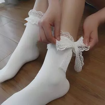 Женские носки однотонные черные белые носки с кружевом в стиле Лолиты с оборками и бантом средней длины мягкие повседневные носки Kawai Sox для девочек в корейском стиле