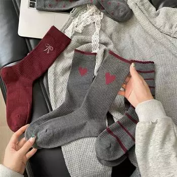Женские носки осенне-зимние полосатые хлопковые носки средней длины с бантом one size