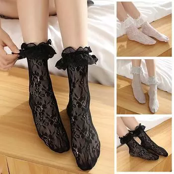 Милые милые женские носки в стиле Лолиты с оборками и оборками, короткие носки с ажурным кружевом чёрный