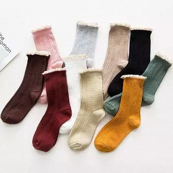 Женские носки, японские кавайные милые носки с рюшами, Harajuku, хлопковые вязаные однотонные кружевные носки в стиле Лолиты для девочек, женские носки