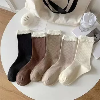 Женские носки японской моды однотонные трикотажные хлопковые длинные носки женские милые носки с оборками в стиле Лолиты кавайи