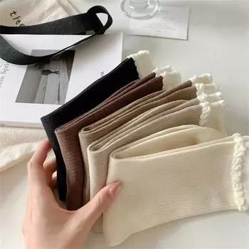 Женские носки японской моды однотонные трикотажные хлопковые длинные носки женские милые носки с оборками в стиле Лолиты кавайи