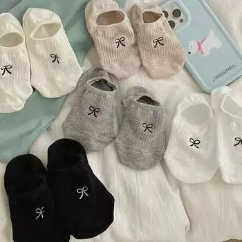 Женские носки с бантом, однотонные, летние, тонкие, дышащие, невидимые, носки-лодочки, нескользящие, силиконовые, короткие, женские серый