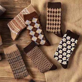 Женские носки с цветами, клетчатые зимние теплые носки, хлопковые носки в японском стиле в стиле Харадзюку, забавные носки в стиле Лолита в стиле ретро One Size