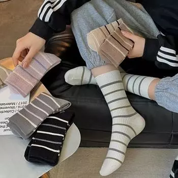 Женские носки с двойной иглой, антипиллинговые, из чесаного хлопка, в полоску, универсальные, в стиле колледжа, женские хлопковые носки, средние носки-трубы One Size серый