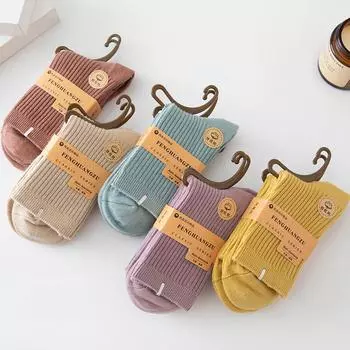 Женские носки с двойной иглой, однотонные повседневные хлопковые носки средней длины, утолщенные теплые женские носки из гребенного хлопка One Size