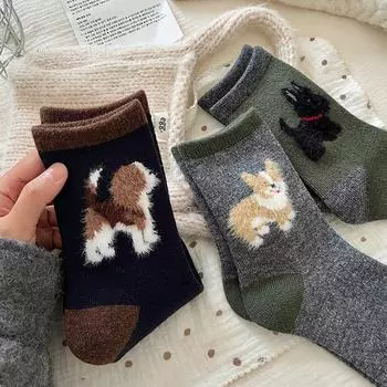 Женские носки с изображением животных из мультфильмов, женские осенне-зимние теплые утолщенные ворсовые носки, подходящие по цвету, носки средней длины one size чёрный