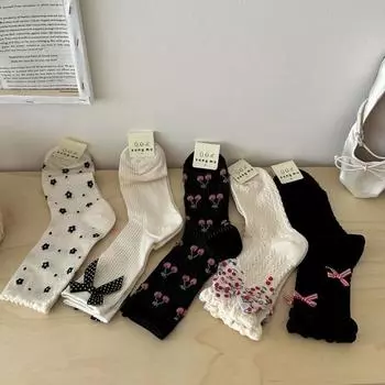 Женские носки с милым бантом и цветочным принтом, милые носки для девочек Kawaii, ажурные тонкие дышащие длинные носки в горошек в винтажном стиле EUR 34-39