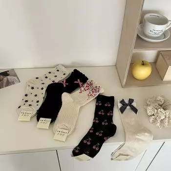 Женские носки с милым бантом и цветочным принтом, милые носки для девочек Kawaii, ажурные тонкие дышащие длинные носки в горошек в винтажном стиле EUR 34-39