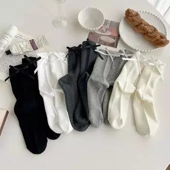 Женские носки с милым бантом JK Lolita Sweet Girl Kawaii, носки средней длины в японском стиле, однотонные, черные, белые, серые, хлопковые, длинные носки