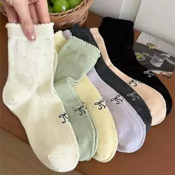 Женские носки с милым бантом, милые носки для девочек в стиле Лолиты и кавайи, женские дышащие однотонные черные, белые, серые длинные носки