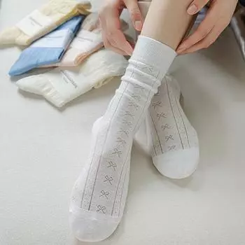 Женские носки с милым бантом в стиле Лолиты, милые девушки, кавайные, средние носки, ажурные сетчатые, дышащие, однотонные, длинные носки