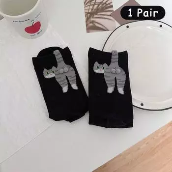 Женские носки с мультяшными кошками, с бубенчиком, с помпоном, летние, из хлопка, милые, японские, забавные, спортивные, средней длины, 36-42 1 Pair чёрный