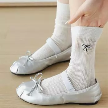 Женские носки с открытой сеткой, дышащие черные, белые, серые длинные носки, милые носки с вышивкой и бантом для девочек, каваи, средние носки-трубы EUR 35-39