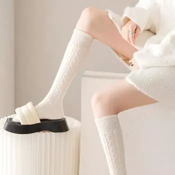 Женские носки с рисунком из телячьей шерсти, женское секретное нижнее белье, весна и осень, длинные, овсяного цвета, утолщенные, шерстяные, теплые, высокие чулки Medias One Size чёрный