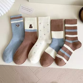 Женские носки с вышивкой в виде мультяшного медведя для девочек, милые носки Kawaii, женские полосатые вязаные хлопковые носки средней длины в корейском стиле EUR 35-39