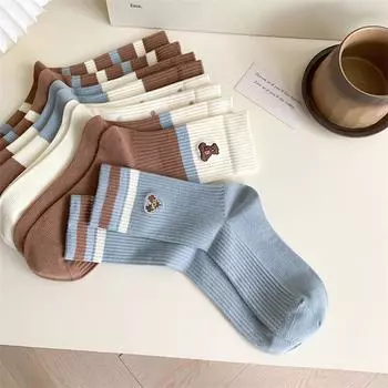 Женские носки с вышивкой в виде мультяшного медведя для девочек, милые носки Kawaii, женские полосатые вязаные хлопковые носки средней длины в корейском стиле EUR 35-39