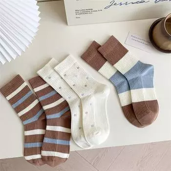 Женские носки с вышивкой в виде мультяшного медведя для девочек, милые носки Kawaii, женские полосатые вязаные хлопковые носки средней длины в корейском стиле EUR 35-39