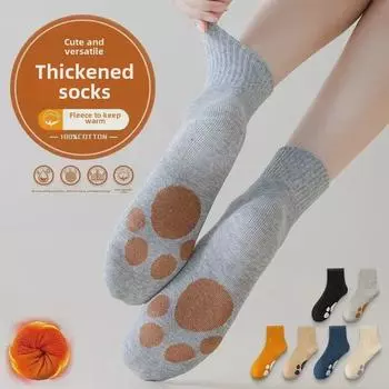 Женские носки средней длины из чистого хлопка Zhuji с рисунком в виде медвежьих лап, теплые, с дезодорирующим эффектом, плотные, однотонные, для весны и зимы. Regular хаки