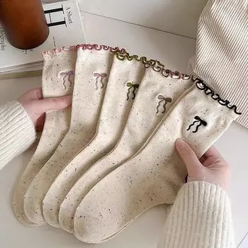 Женские носки средней длины Летние тонкие носки в горошек из пряжи Sweet Fungus Lace Socks Длинные носки-чулки one size чёрный