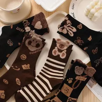 Женские носки средней длины, осенне-зимние носки из пряжи с перьями, модные милые универсальные длинные носки с медведем one size