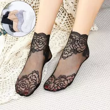 Женские носки средней длины с кружевом из розового золота, носки-лодочки с хлопковой подошвой, нескользящие и не спадающие каблуки, короткие носки с невидимой сеткой и цветочными оборками белый