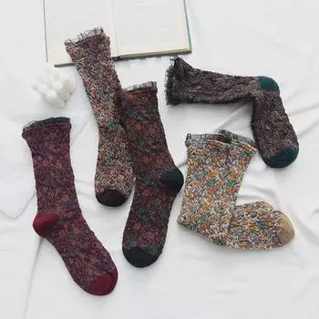 Женские носки средней длины с японским кружевом и цветочным узором - в стиле ретро, в этническом лесном стиле One Size зелёный