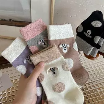 Женские носки средней длины с рисунком в горошек, осень/зима 2024 г. - хлопковая пряжа с круговым узором, вышитые манжеты, корейский стиль One size