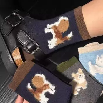 Женские носки средней длины, шерстяные носки с ворсом из щенячьей шерсти, толстые носки с ворсом контрастного цвета one size чёрный