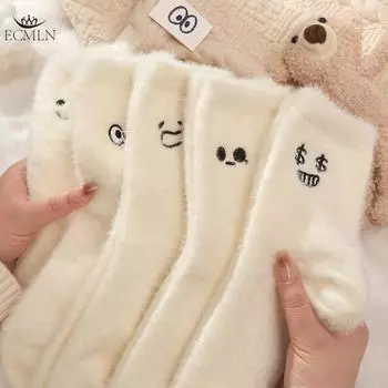 Женские носки средней длины, сплошные, нескользящие, с рисунком, плюшевые, длинные женские носки one size