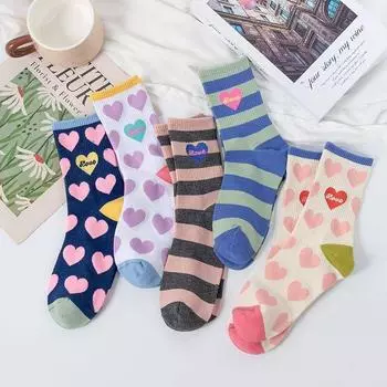 Женские носки средней длины в полоску с цветным узором - Sweet Love Style из Южной Кореи White and purple love heart. One Size фиолетовый/белый