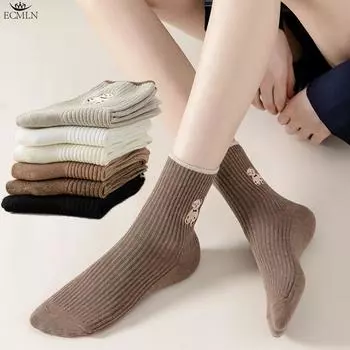 Женские носки средней длины, весенние и осенние, повседневные носки с милым медведем, однотонные носки с мультяшным медведем для женщин и девочек one size чёрный