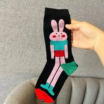 Женские носки средней длины, женские дышащие хлопковые носки с изображением граффити в полоску, милые кавайные носки в стиле Харадзюку с рисунком кролика и животных as the picture