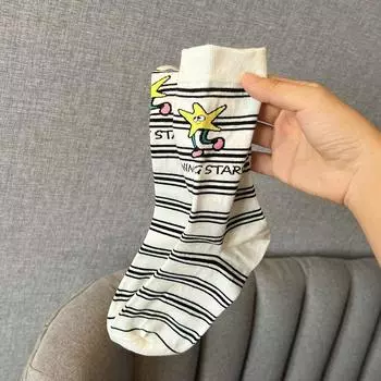 Женские носки средней длины, женские дышащие хлопковые носки с изображением граффити в полоску, милые кавайные носки в стиле Харадзюку с рисунком кролика и животных as the picture