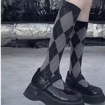 Женские носки в клетку Diamond Plaid, носки до колена в ретро-британском стиле JK, носки средней длины из чистого хлопка, носки Diamond Socks one size коричневый