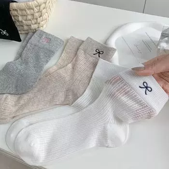 Женские носки в стиле балета, милые носки для девочек, черные, белые, серые, с милой вышивкой в виде банта, ажурные, тонкие, дышащие, свободные, длинные носки чёрный