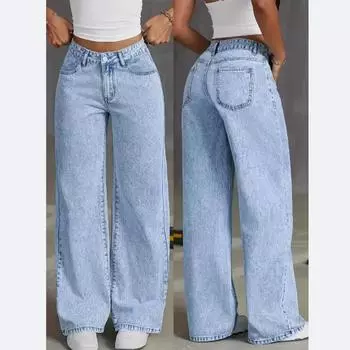 Женские новые эластичные свободные прямые джинсы с широкими штанинами. Повседневные брюки с карманами, удобные однотонные брюки с высокой посадкой. S светло-синий