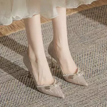 Женские новые босоножки на высоком каблуке с острым носком и бантом из жемчуга на тонком каблуке Baotou Banquet Pumps Сексуальные женские свадебные туфли Tacones Mujer 34 серебряный