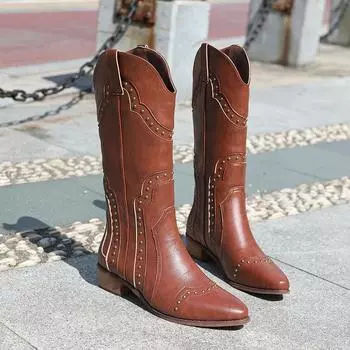 Женские новые джинсовые туфли на низком каблуке в стиле вестерн, кожаные, высокие, до колена, роскошные дизайнерские готические туфли в стиле рок, ретро, Zapatos Mujer 35