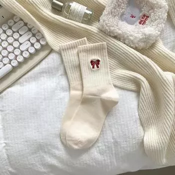 Женские новые красные милые носки средней длины с бантом, корейские модные академические носки в стиле академии, удобные носки без ворса из хлопка, осенне-зимние носки