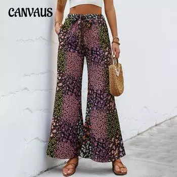 Женские новые летние брюки на шнуровке с принтом Temperament, широкие брюки с высокой талией S чёрный