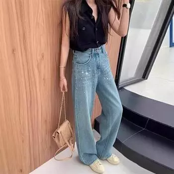 Женские новые летние брюки с высокой посадкой, прямые, зауженные, широкие от бедра, цвета выстиранный синий XS синий