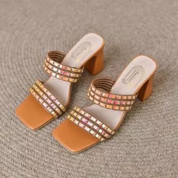 Женские новые летние модные туфли на толстом каблуке с квадратной головой и открытым носком, римские сандалии, тапочки 35 синий