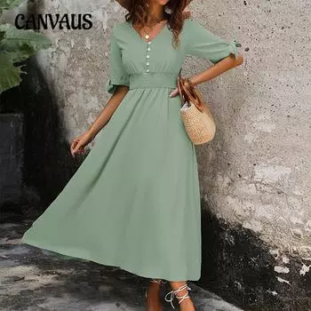 Женские новые летние однотонные платья с высокой талией, завязками на пуговицах и V-образным вырезом S светло-зеленый