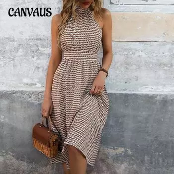 Женские новые летние платья с высокой талией в этническом стиле с принтом и висячим вырезом S хаки