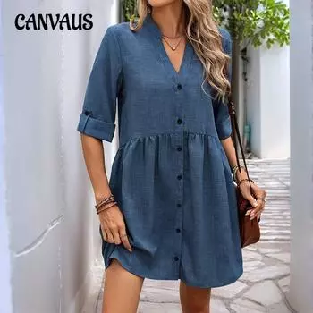 Женские новые летние свободные юбки с рукавами миди, однотонные платья с V-образным вырезом S синий