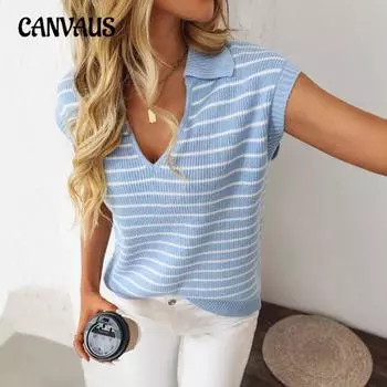 Женские новые летние трикотажные топы с V-образным вырезом, повседневный джемпер с полосатыми лацканами S светло-синий